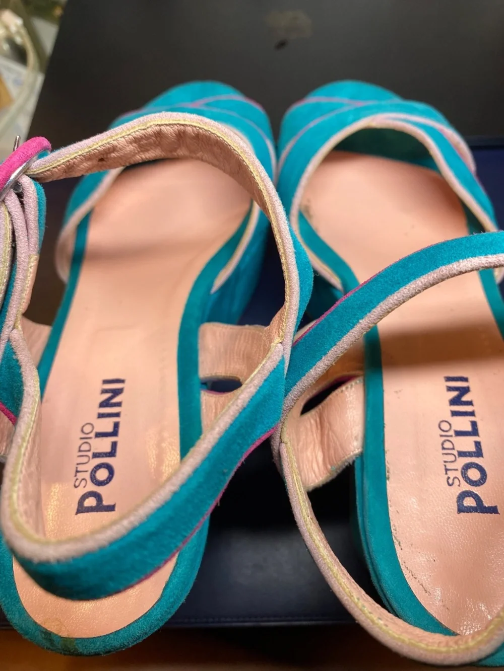 Studio Pollini Italy Turquoise Suede Colorblock Platform Wedge Sandals 38 US 8